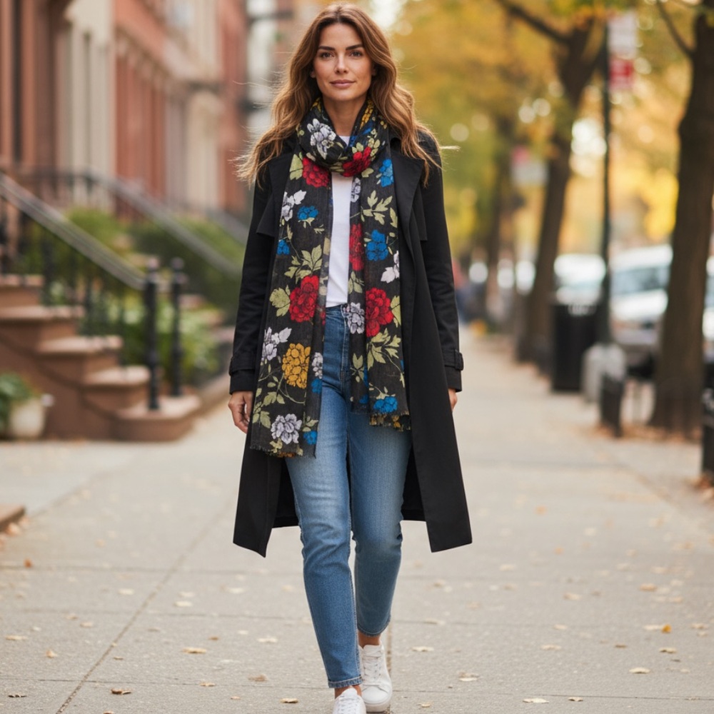 Black Floral Scarf with silver treads and sparkly.